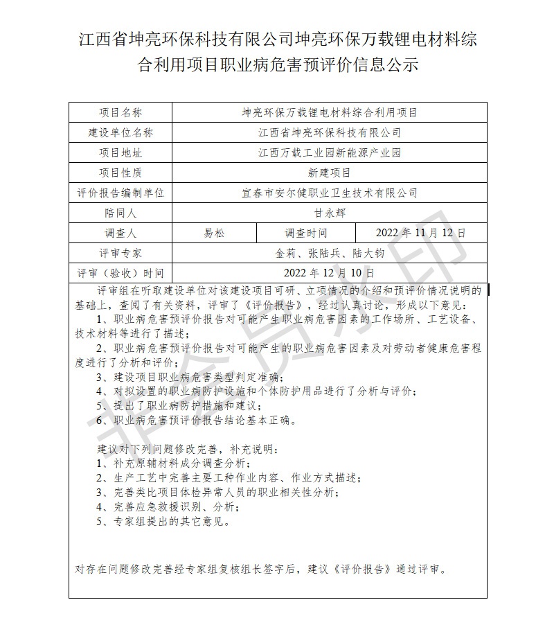 江西省坤亮環(huán)?？萍加邢薰纠ち镰h(huán)保萬載鋰電材料綜合利用項目職業(yè)病危害預評價信息公示.jpg
