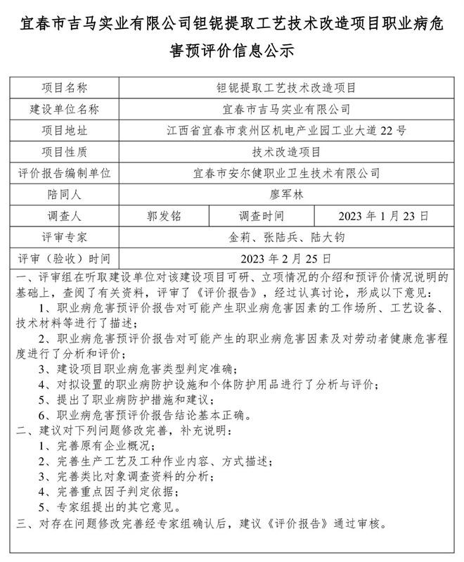 宜春市吉馬實(shí)業(yè)有限公司鉭鈮提取工藝技術(shù)改造項目職業(yè)病危害預(yù)評價信息公示.jpg